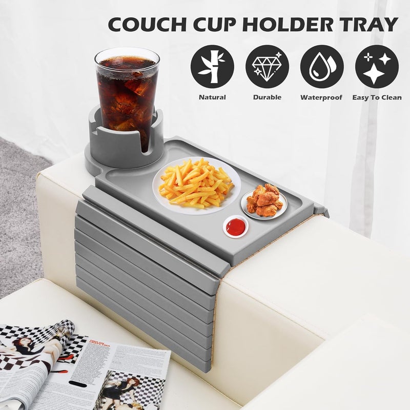 GHKINMAL Couch Cup Holder Tray, Large Couch Arm Table with 360° Ratated Phone Holder, 3 in 1 Bamboo Sofa Armrest Tray with Anti-Slip Couch Organizer for Remote,Cellphone,Snacks - Image 5